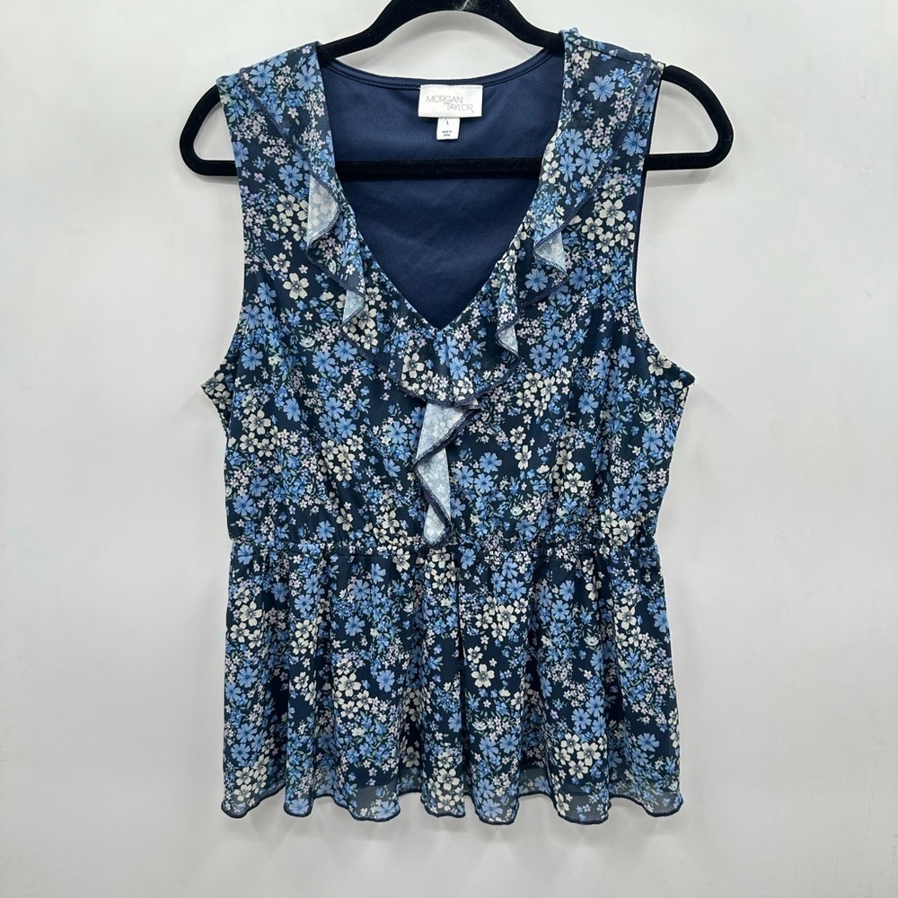 MORGAN TAYLOR blue floral ruffle neck woman cottagecore coastal grandma tank L